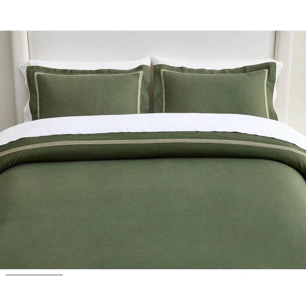 Pottery Barn Belgian Linen Frame King Duvet Shams Cypress Loden  Set of 2 NEW